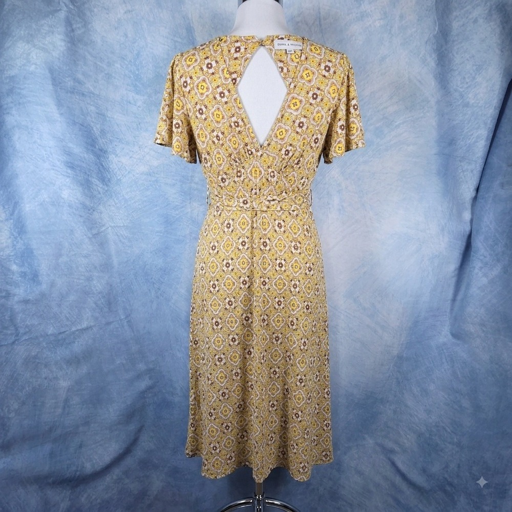 Emma & Michele Yellow Geometric Floral Midi Dress V-Neck Keyhole Back Size M